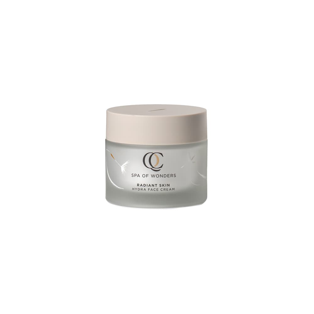 Barattolo in vetro satinato con crema viso idratante, tappo beige, formato 50 ml etichetta frontale visibile, sfondo neutro.