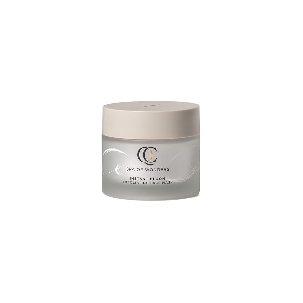 Barattolo in vetro satinato con maschera viso esfoliante, tappo beige, formato 50 ml etichetta frontale visibile, sfondo neutro.