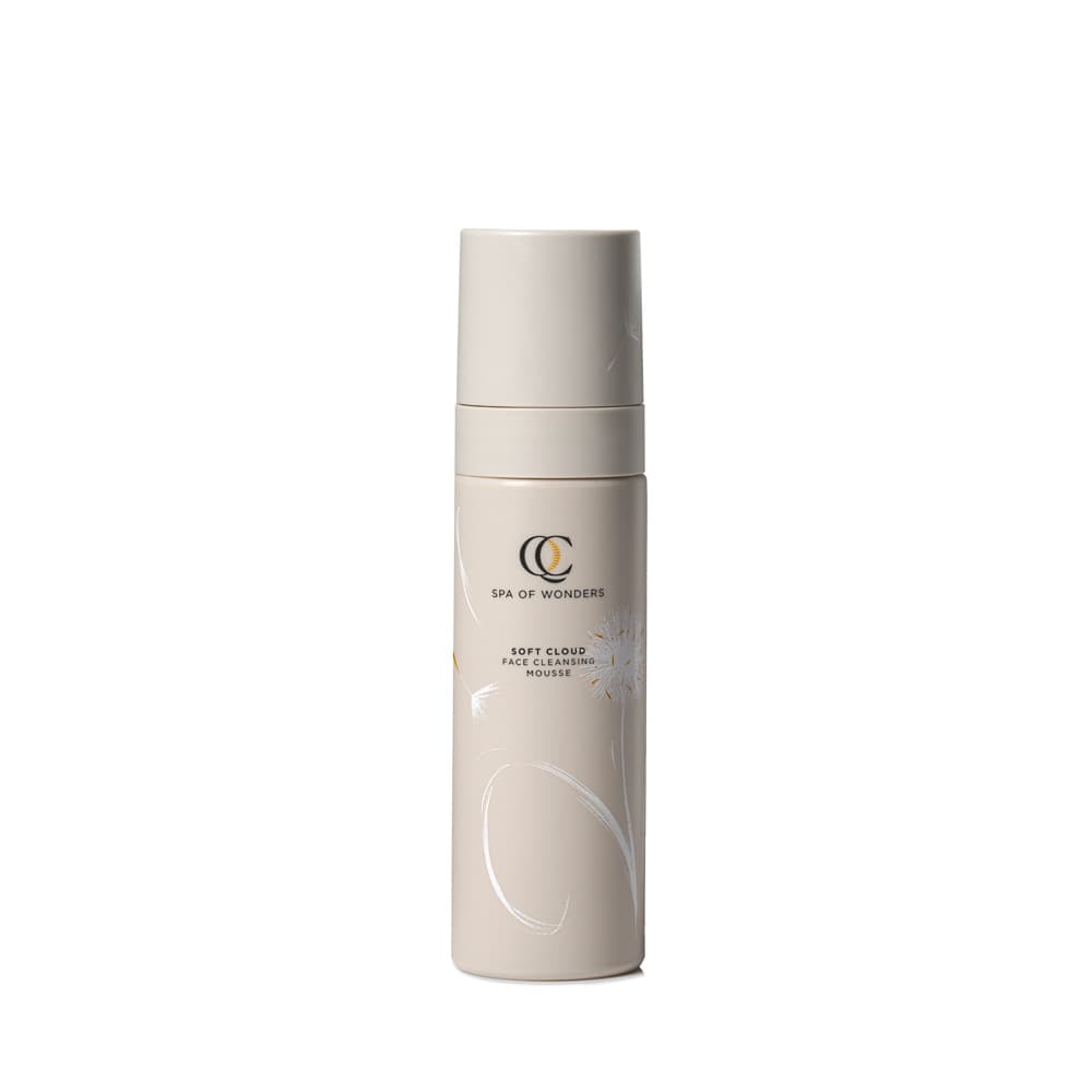 Flacone con dispenser beige mousse detergente viso, formato 200 ml, etichetta frontale, design minimal..