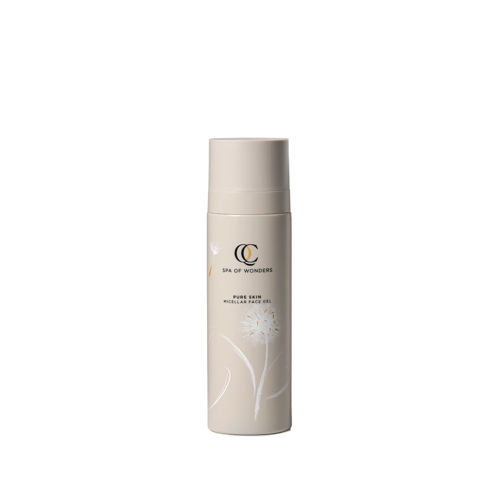 Flacone con dispenser beige gel micellare viso, formato 200 ml, etichetta frontale, design minimal..