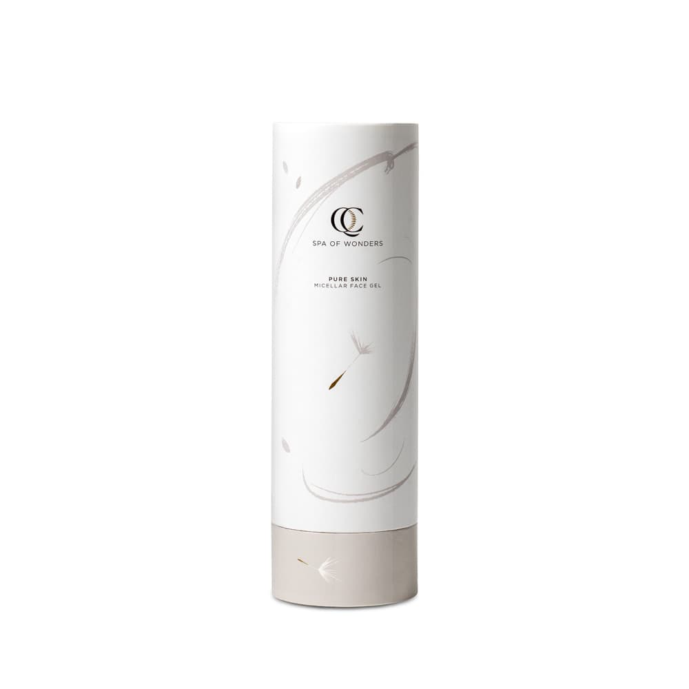 Confezione esterna gel micellare viso, bianca con tappo coordinato, etichetta frontale visibile, sfondo neutro.