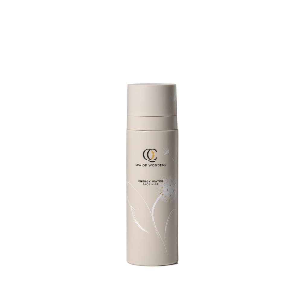Flacone con dispenser beige energy water lozione viso, formato 200 ml, etichetta frontale, design minimal.