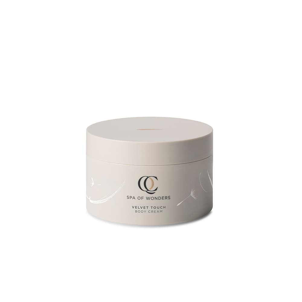 Barattolo con crema corpo velvet touch, tappo beige, formato 200 ml etichetta frontale visibile, sfondo neutro.