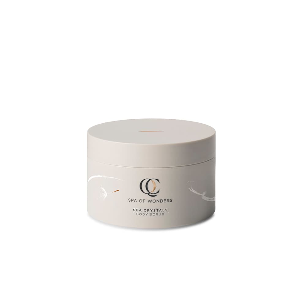 Barattolo con scrub corpo, tappo beige, formato 200 ml etichetta frontale visibile, sfondo neutro.
