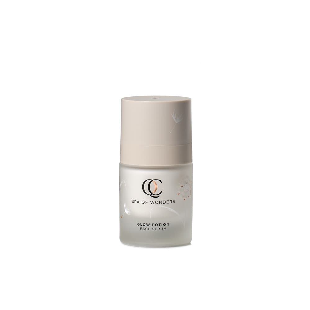 Flacone in vetro trasparente con siero viso, formato 30 ml, etichetta frontale su sfondo neutro.