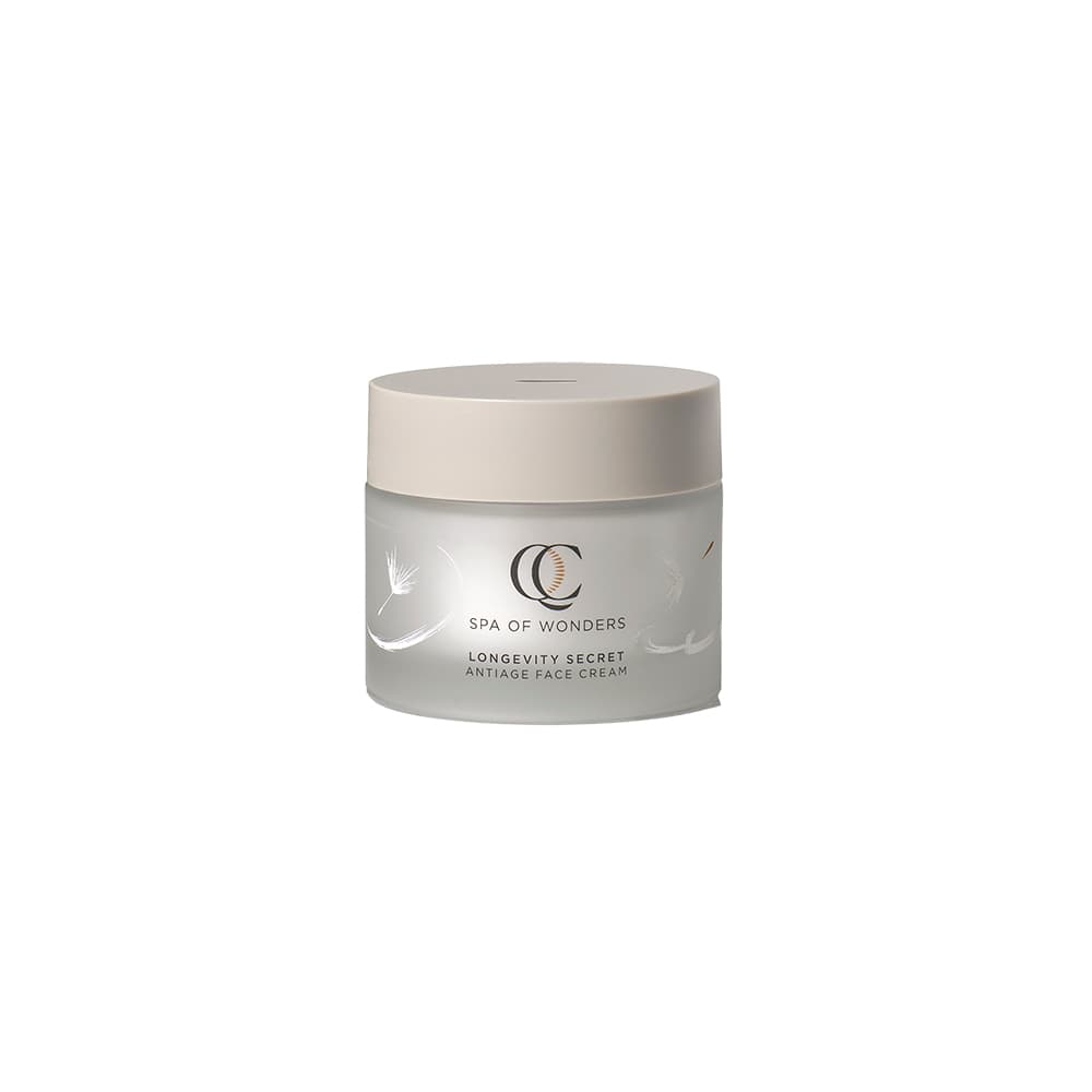 Barattolo in vetro satinato con crema viso anti age, tappo beige, formato 50 ml etichetta frontale visibile, sfondo neutro.