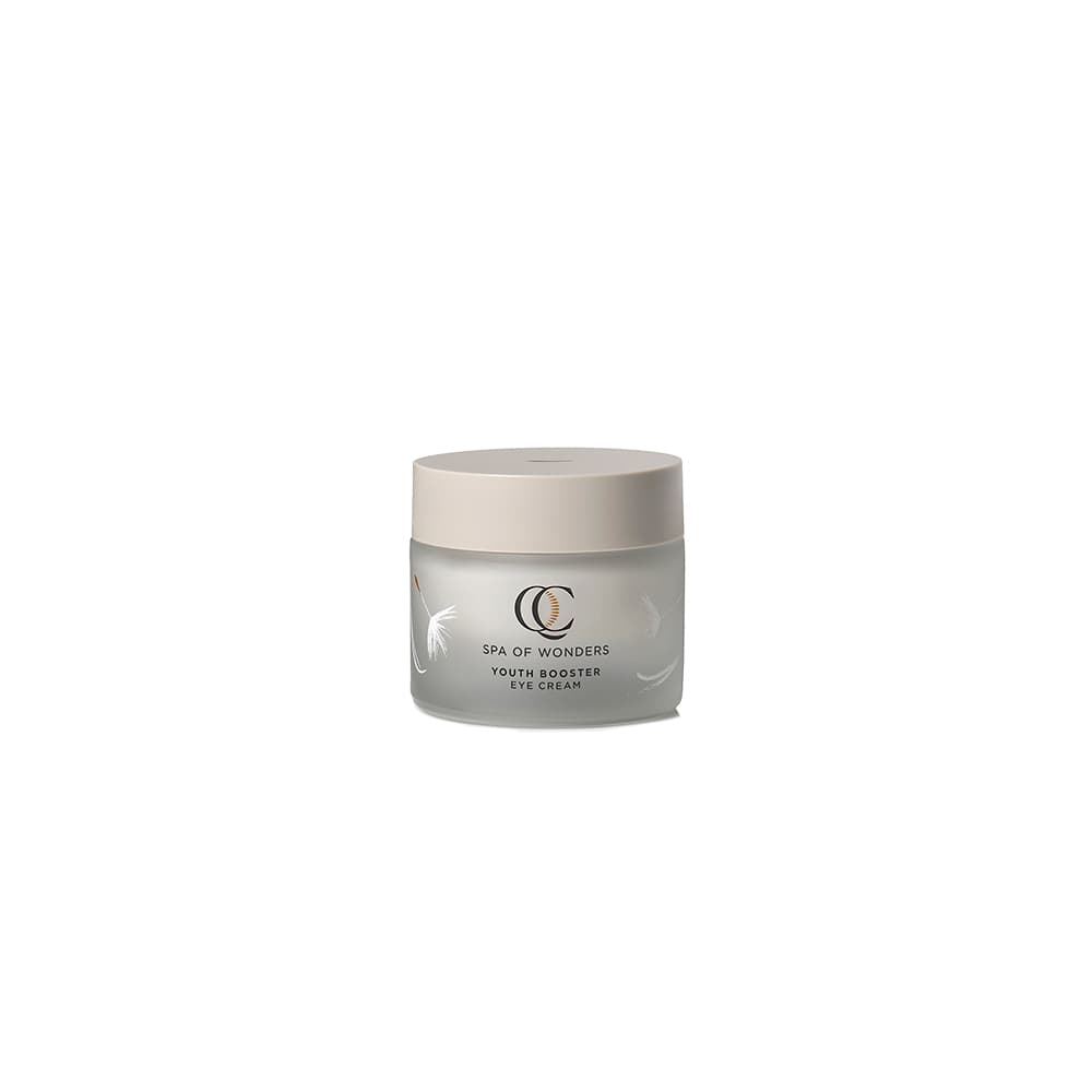 Barattolo in vetro satinato con crema contorno occhi, tappo beige, formato 50 ml etichetta frontale visibile, sfondo neutro.