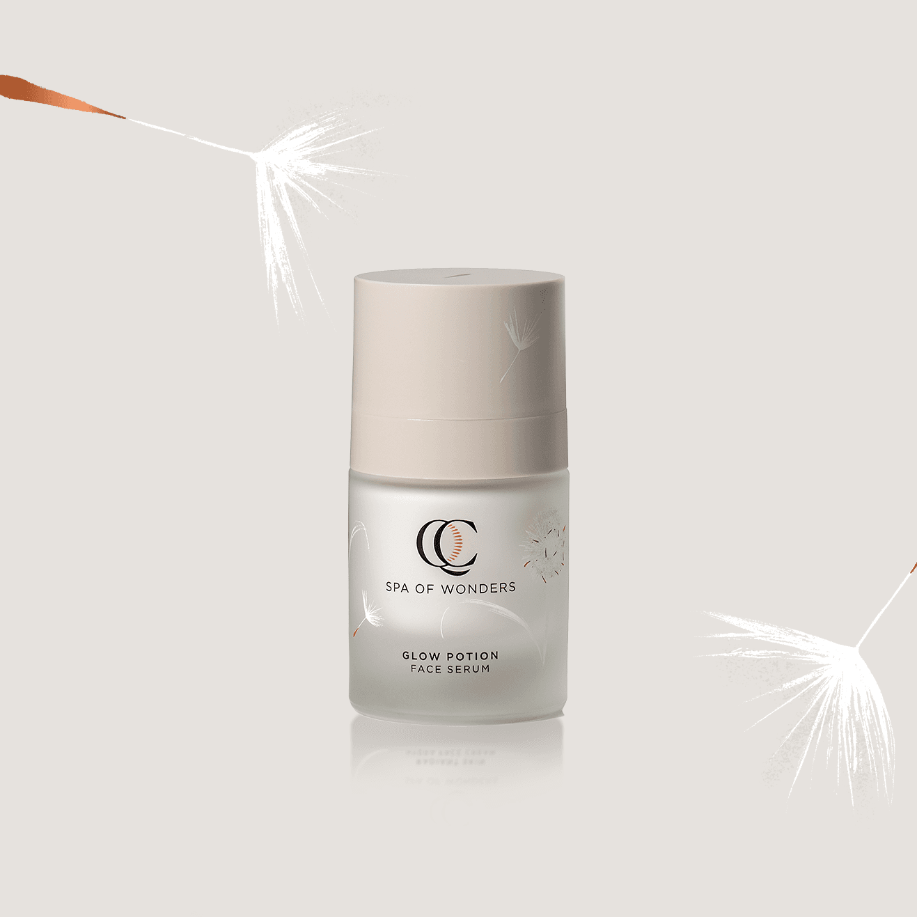 Flacone in vetro trasparente con siero viso, formato 30 ml, etichetta frontale su sfondo neutro.