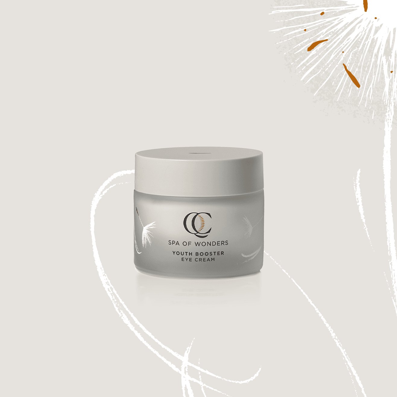 Barattolo in vetro satinato con crema contorno occhi, tappo beige, formato 50 ml etichetta frontale visibile, sfondo neutro.