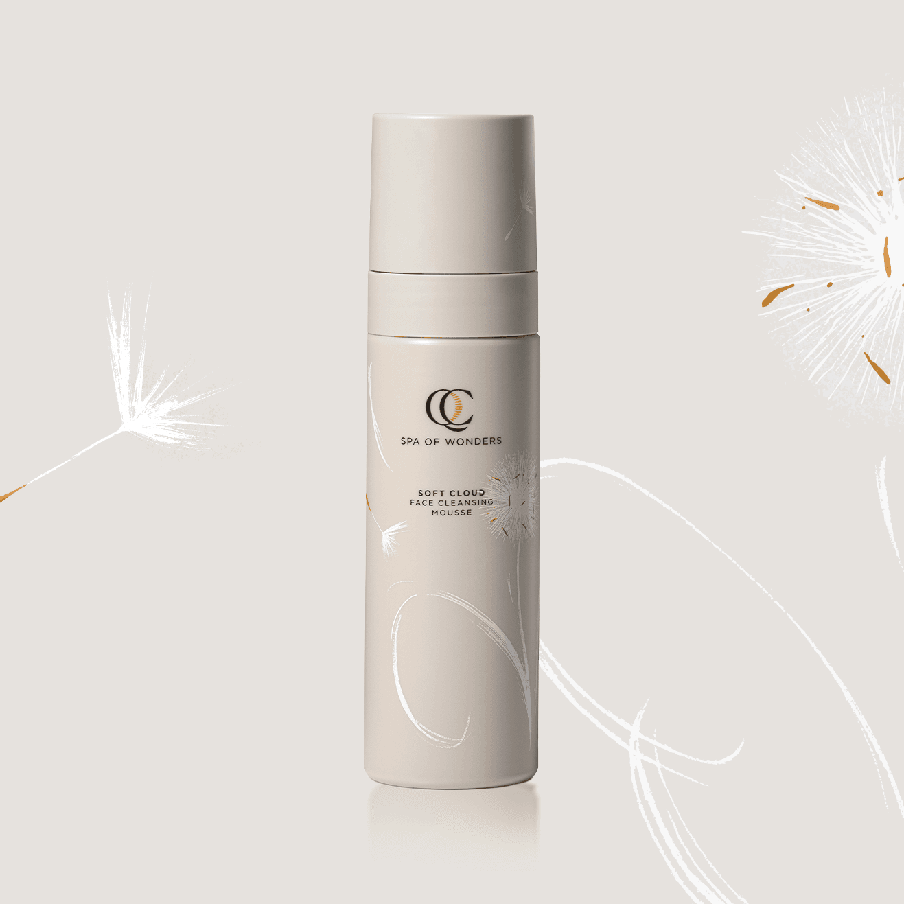Flacone con dispenser beige mousse detergente viso, formato 200 ml, etichetta frontale, design minimal..