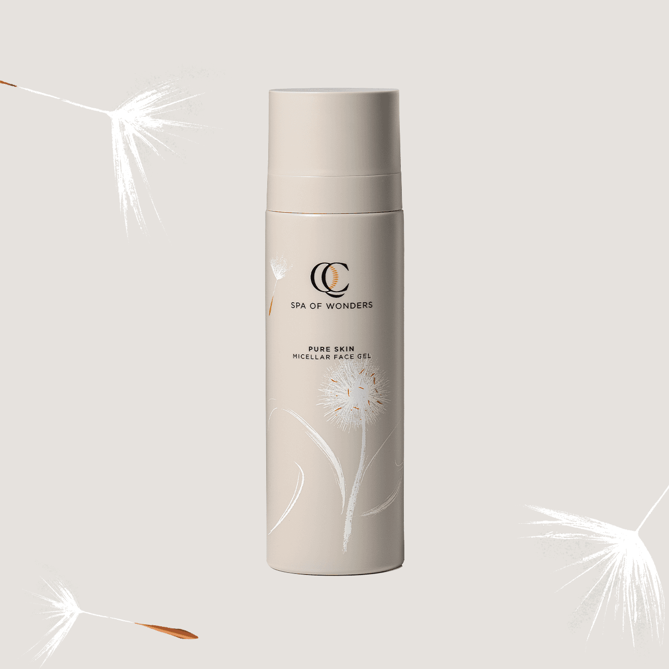 Flacone con dispenser beige gel micellare viso, formato 200 ml, etichetta frontale, design minimal..