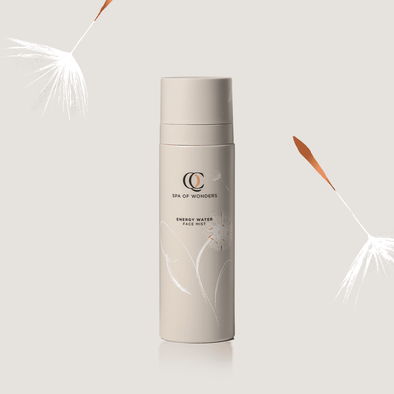 Flacone con dispenser beige energy water lozione viso, formato 200 ml, etichetta frontale, design minimal.