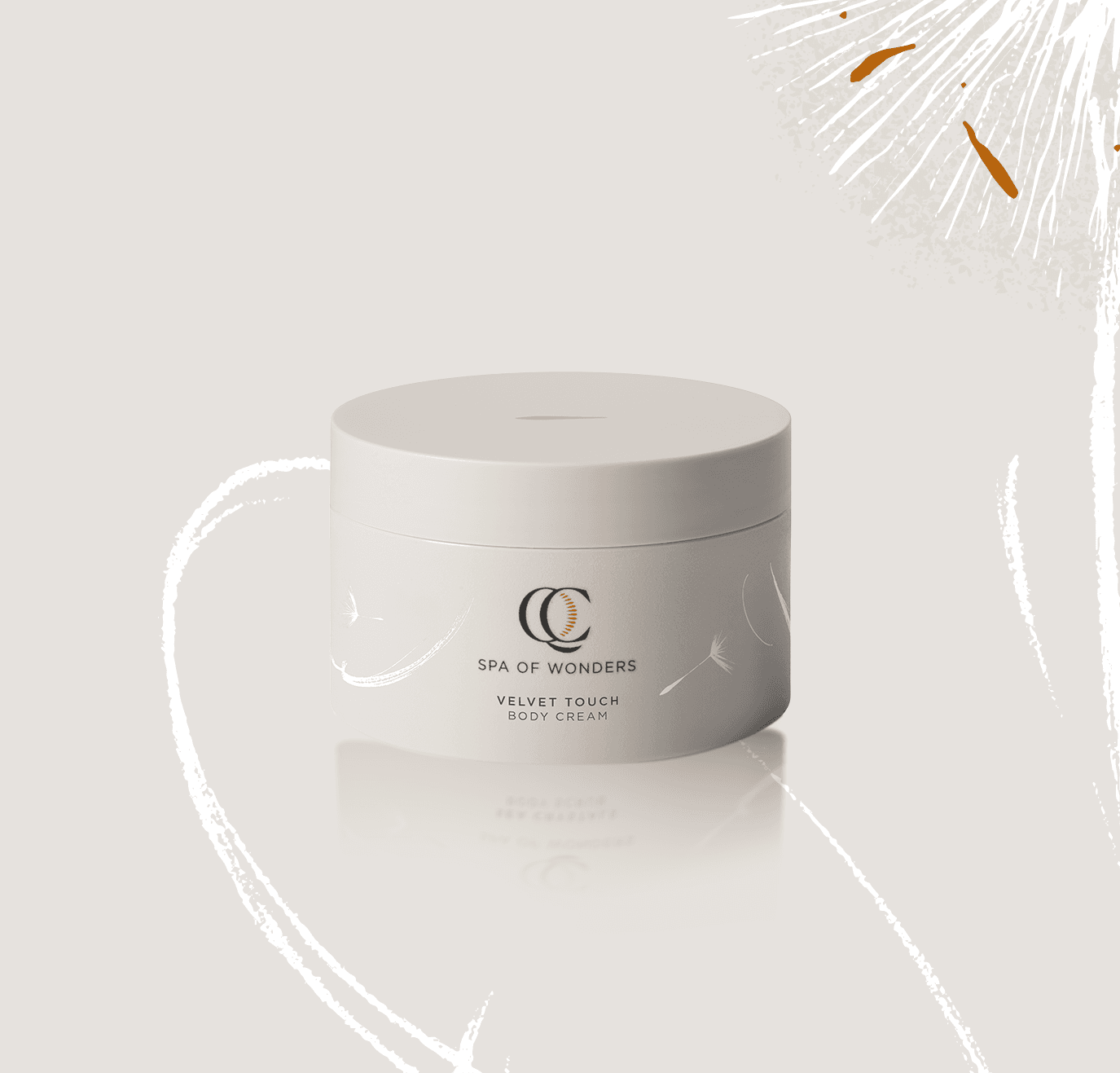 Barattolo con crema corpo velvet touch, tappo beige, formato 200 ml etichetta frontale visibile, sfondo neutro.