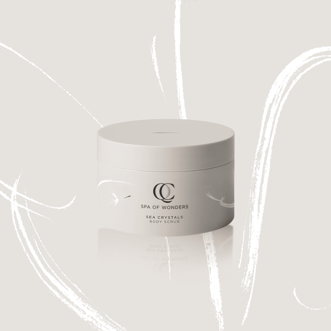 Barattolo con scrub corpo, tappo beige, formato 200 ml etichetta frontale visibile, sfondo neutro.