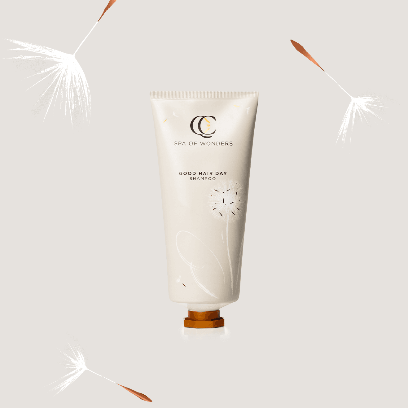 Flacone di shampoo illuminante ai fiori d’arancio, formato 200 ml, etichetta frontale su sfondo neutro.