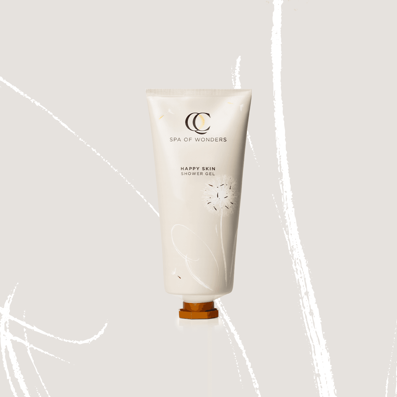 Flacone di docciaschiuma energizzante ai fiori d’arancio, formato 200 ml, etichetta frontale su sfondo neutro.